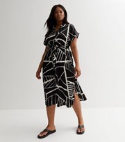 New Look Curves Black Abstract Line Short Sleeve Midi Shirt Dress